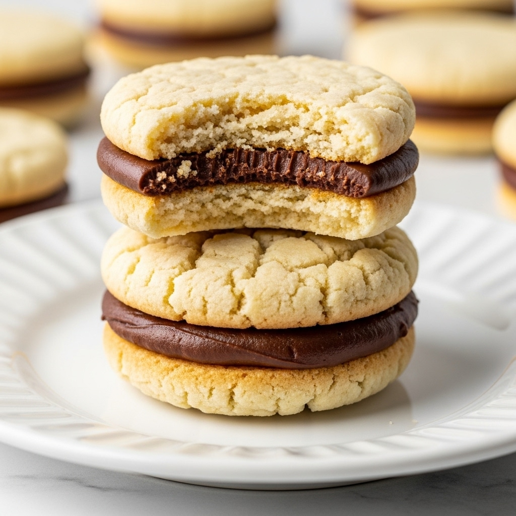 A close-up view of a stack of sandwich cookies with four layers, each cookie has two light beige, crumbly round biscuit layers with a soft texture, with a thin, smooth, dark brown chocolate cream filling in between. The top cookie in the stack has a bite taken out, showing the crumbly interior and the chocolate layer clearly. The cookies rest on a white plate with a subtle wavy edge, set on a white marbled surface. In the background, more cookies are visible but out of focus. photo taken with an iphone --ar 4:5 --v 7