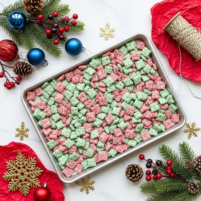 The image shows a large, rectangular baking tray filled with a mix of small, square-shaped cereal pieces colored green and red. The cereal pieces have a rough texture with a light dusting of powdered sugar on top, giving them a slightly frosted look. The tray is placed on a white marbled surface and is surrounded by Christmas decorations, including green pine branches, red and blue baubles, red and dark berries, pine cones, golden snowflake ornaments, and a spool of twine on crumpled red paper. The setup gives a festive holiday feel. photo taken with an iphone --ar 4:5 --v 7
