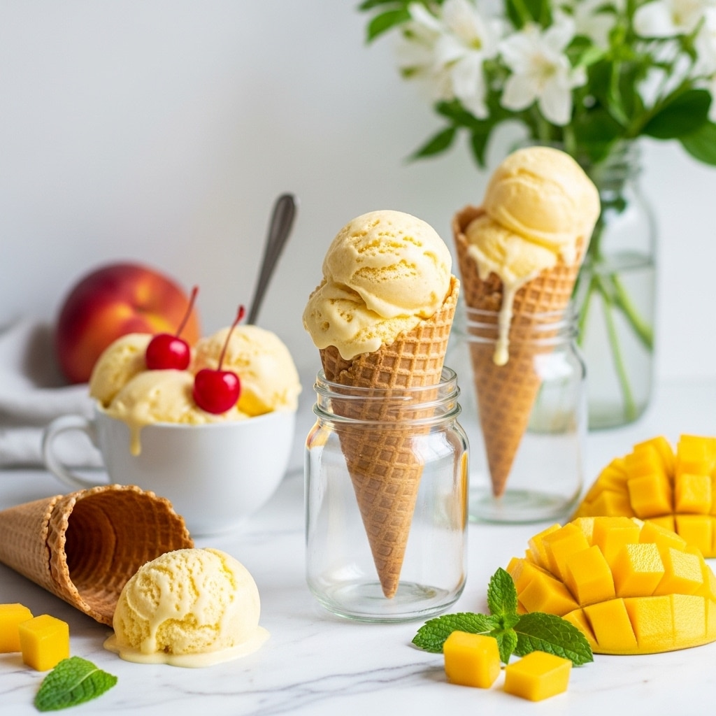 The image shows a light yellow mango ice cream scene on a white marbled surface. At the center, a waffle cone filled with a large scoop of melting ice cream sits upright inside a clear glass jar. Behind it, another cone with melting ice cream is placed inside a taller jar, dripping slightly. To the left, a white cup holds a scoop of the same ice cream topped with two red cherries and a spoon, and a whole peach sits blurred in the background. Two piles of cubed fresh mango pieces with green mint leaves lie around the ice cream, one set near the foreground right and another behind. In the front left, an empty waffle cone lies on its side with a large scoop of ice cream resting beside it. In the background, a glass vase filled with white flowers and green leaves adds a fresh look. photo taken with an iphone --ar 4:5 --v 7
