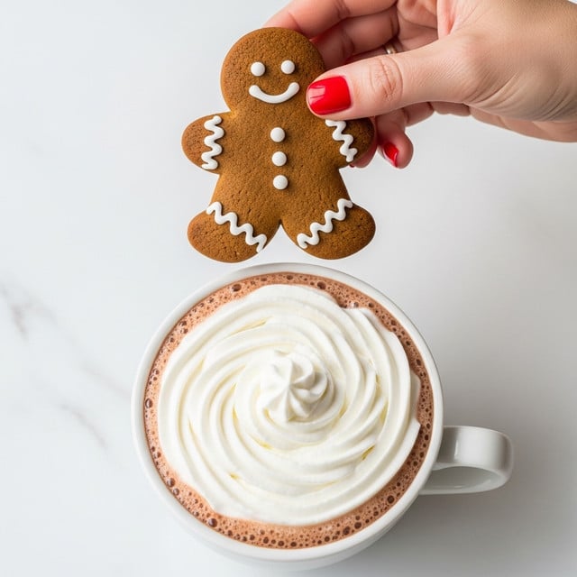 A white cup filled with hot chocolate topped with a thick swirl of white whipped cream sits on a white marbled surface. Above the cup, a gingerbread cookie shaped like a person with white icing details on the edges, eyes, mouth, and buttons, is held by a woman's hand with bright red nail polish, positioned as if about to dip into the drink. The warm brown color of the hot chocolate contrasts with the creamy white whipped cream and the rich brown of the gingerbread. photo taken with an iphone --ar 4:5 --v 7