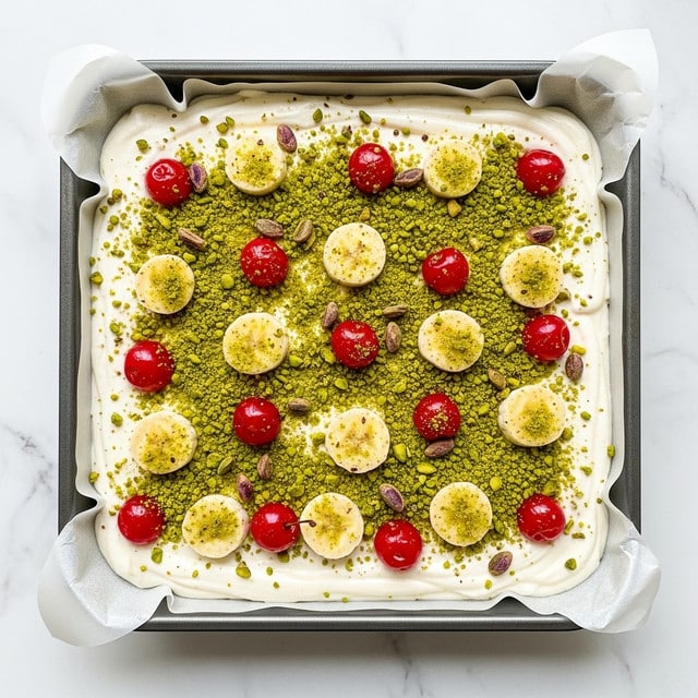 The image shows a square baking tray lined with parchment paper, filled with a creamy white dessert base that has a smooth texture. Scattered within the cream are small round pieces of banana and bright red cherries, along with dark spots that might be nuts or chocolate bits. The top layer is sprinkled generously with crushed green pistachios, adding a contrasting crunch and color. The tray sits on a white marbled surface, highlighting the dessert’s light and vibrant toppings. photo taken with an iphone --ar 4:5 --v 7