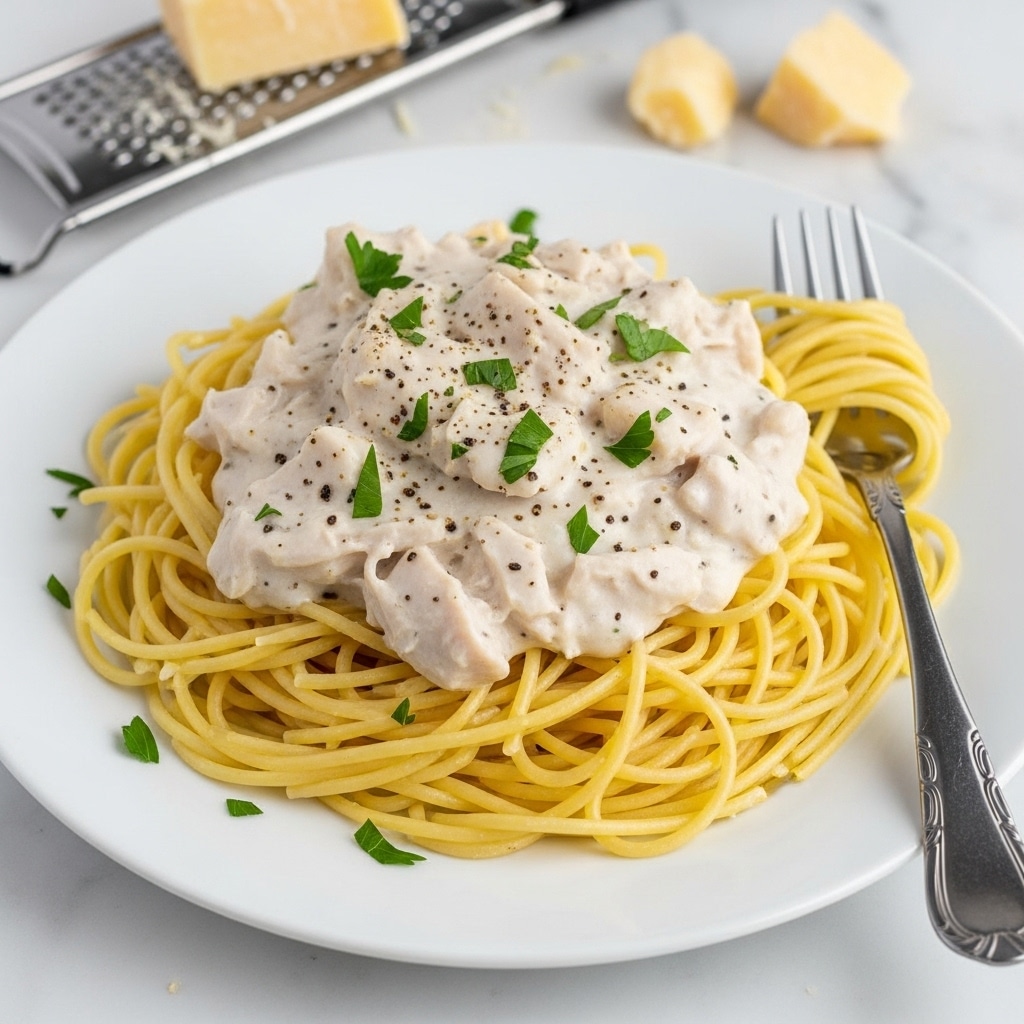 A white plate holds a nest of thin, yellow spaghetti pasta that forms the bottom layer, topped with a creamy, white chicken Alfredo sauce mixed with pieces of shredded chicken. The sauce is thick and smooth, spread over the spaghetti, sprinkled with small green chopped parsley for a fresh touch, and specks of black pepper add contrast. A silver fork is placed on the right side, with some noodles wrapped around its tines. The whole setup rests on a white marbled texture with a silver grater and small chunks of pale yellow cheese in the background, adding context to the dish's preparation. Photo taken with an iphone --ar 4:5 --v 7