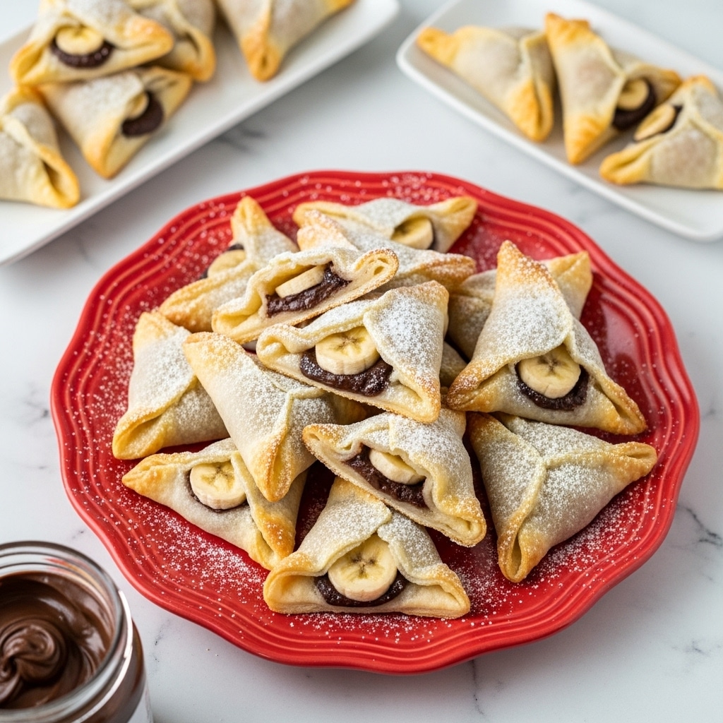A pile of golden brown triangular pastries is placed on a red wavy-edged plate. Each triangle has a light and crispy outer layer with slightly browned edges, and inside there are two distinct filling spots – one darker chocolate area and a lighter banana slice visible under the thin dough. The pastries are dusted lightly with powdered sugar, giving a soft white contrast to the warm golden and dark brown shades. Around the plate, there is a white marbled surface with a white rectangular plate nearby holding more of the same triangular pastries, some slightly out of focus. A glass jar with dark chocolate spread is seen at the bottom left corner, adding a rich and glossy texture to the scene. Photo taken with an iphone --ar 4:5 --v 7