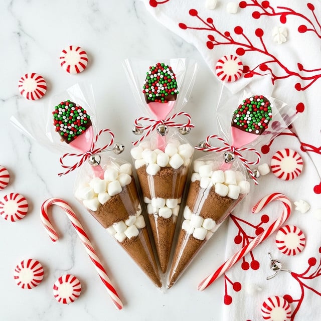 The image shows three clear cone bags filled with layers of brown cocoa powder at the bottom and mini white marshmallows on top, each bag tied with twine or red string with small silver bells. Each cone has a pink spoon dipped halfway in dark chocolate and covered in red, green, and white round sprinkles resting on top of the marshmallows. Around the cones, there are candy canes, red and white peppermint candies, and a white cloth with red berry or branch patterns, all placed on a white marbled surface. Photo taken with an iphone --ar 4:5 --v 7