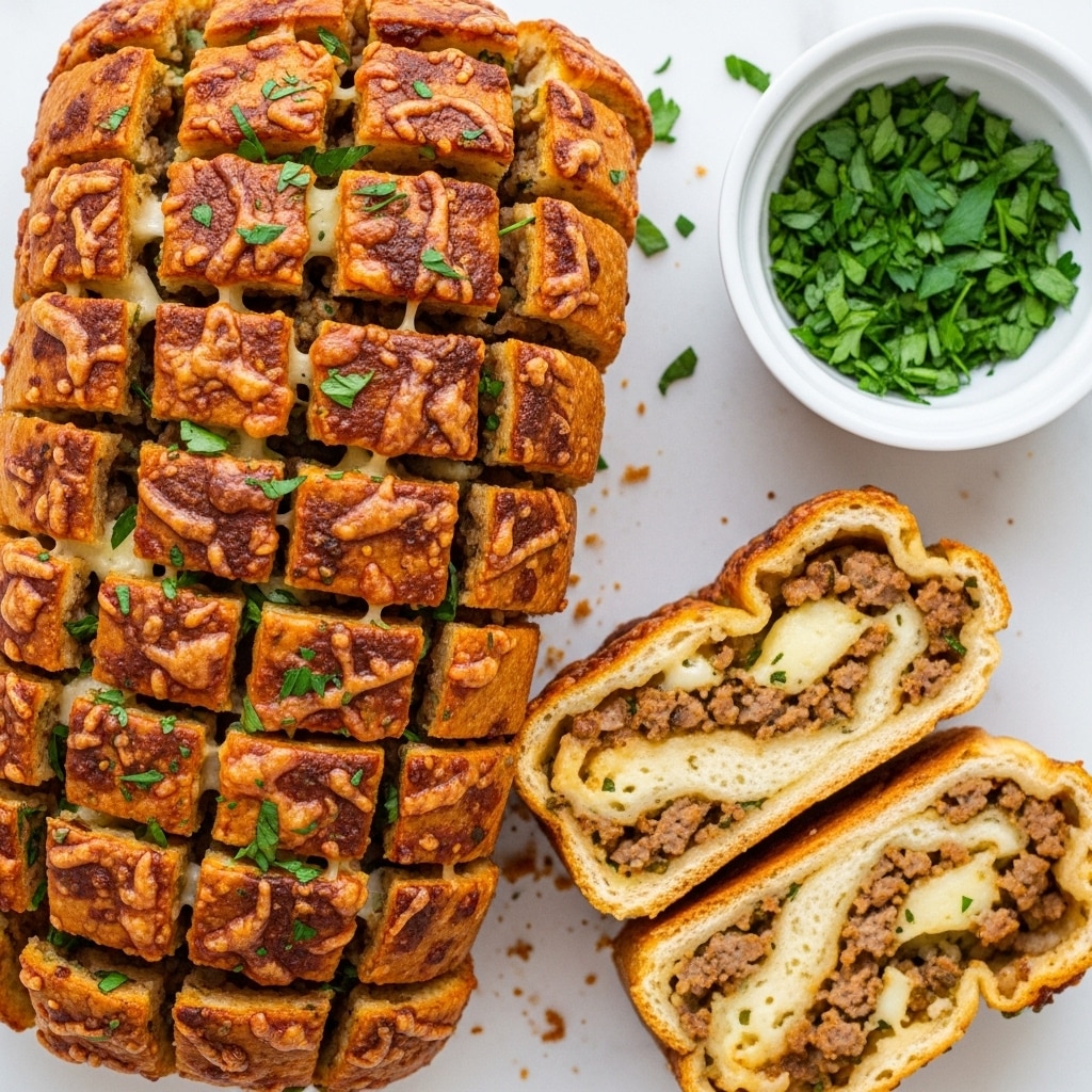 A sliced pull-apart bread loaf on a white marble surface, featuring about eight visible layers of soft, golden-brown bread with a crispy crust. Each layer has a melted cheese filling mixed with browned bits of seasoned ground meat and green herbs, giving a textured, slightly crumbly look inside. The top crust is slightly darker with some browned and melted cheese spots, scattered with fresh chopped green parsley. To the side, there's a small white bowl filled with fresh, chopped green herbs. Photo taken with an iphone --ar 4:5 --v 7