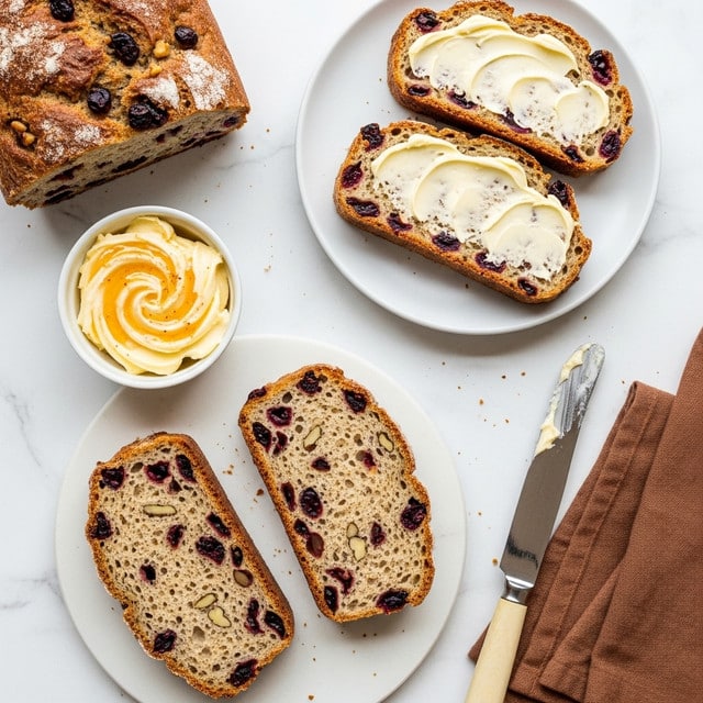 The image shows several slices of fruit and nut bread with a light brown crust and a soft, airy inside filled with visible pieces of dark red fruit and chunks of nuts. On a white plate near the top right, there are two slices, with the top slice spread with creamy light yellow butter. Below the plate, two more slices rest on a white marbled surface, showing the rustic texture and specks of fruit and nuts inside. To the left, a small white bowl holds a swirl of soft butter with a honey-colored topping. A butter knife with light wood handle and traces of butter on the blade rests near the bottom right, beside a folded brown cloth. The whole setting is arranged on a clean white marbled background. photo taken with an iphone --ar 4:5 --v 7