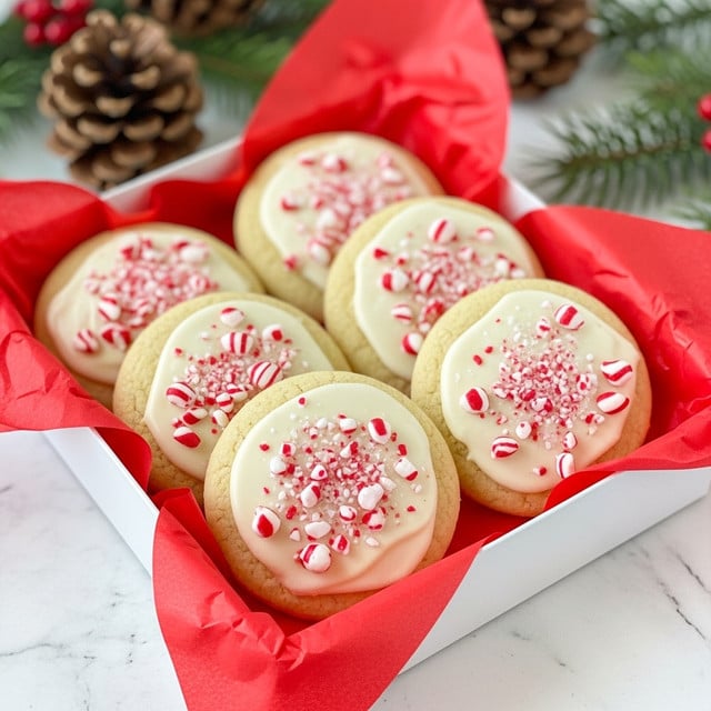 A white rectangular box filled with six round, light golden cookies, each topped with a thick layer of white icing that looks smooth and slightly glossy. On top of the icing are scattered pieces of crushed red and white peppermint candy that add a speckled texture and color contrast. The cookies rest on bright red tissue paper that lines the box, creating a festive look. In the background, there are blurred pine cones and pine needles adding to the holiday theme. The setting surface has a white marbled texture. Photo taken with an iphone --ar 4:5 --v 7