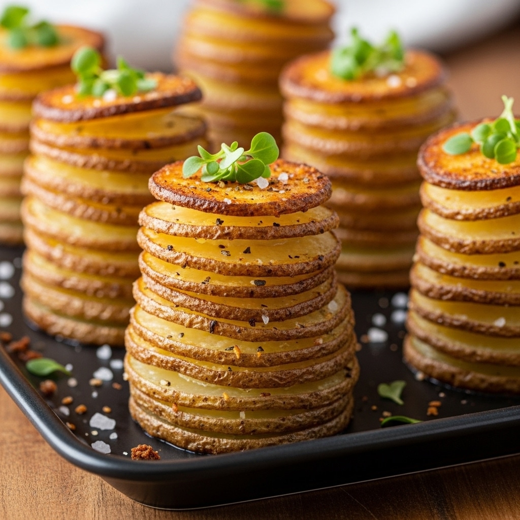 The image shows a close-up of several stacks of thinly sliced roasted potatoes arranged in small towers on a dark rectangular tray. Each tower has multiple layers of golden-brown, crispy potato slices with visible seasoning and a slightly curled edge texture. The top of each stack is garnished with small green herb sprigs, adding a fresh contrast to the warm tones of the potatoes. Some coarse salt flakes are scattered around the tray, which sits on a wooden surface. The background is blurred, focusing attention on the crispy potato stacks in the foreground. photo taken with an iphone --ar 4:5 --v 7
