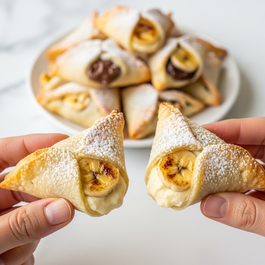 The image shows two small, thin, triangular pastries with a light golden brown crust and a dusting of white powdered sugar on top. One pastry is held in each woman's hand, with the closer one showing a creamy filling with a slightly browned top layer, and the one farther away revealing a darker filling, likely chocolate. In the background, more triangular pastries are stacked on a white plate, all displayed against a white marbled surface. The pastries have a delicate, crispy texture with a shiny glaze in some spots. photo taken with an iphone --ar 4:5 --v 7
