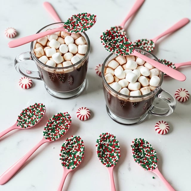 Two clear glass mugs filled with dark hot cocoa topped with many small white marshmallows are placed on a white marbled surface. Each mug has a pink spoon resting on the rim, coated with red, green, and white round sprinkles. Around the mugs, there are seven more pink spoons similarly covered with sprinkles lying flat on the surface, along with small round peppermint candies scattered around. The overall colors are soft and festive with a mix of dark brown, white, pink, and holiday colors of red, green, and white on the sprinkles. photo taken with an iphone --ar 4:5 --v 7