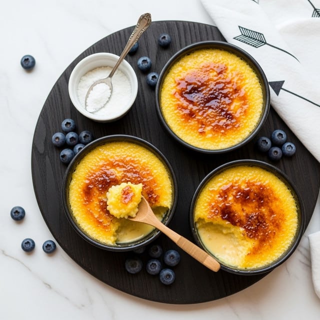 Two small black bowls sit on a dark wooden round board placed on a white marbled surface. Each bowl holds a dish with a shiny golden brown top layer that looks slightly caramelized and glossy, with a soft yellow layer underneath. One bowl is partly scooped with a wooden spoon, showing a creamy texture inside. Around the bowls are fresh blueberries scattered on the board. A small white bowl containing a white powdery substance and a silver spoon rests on the board near the bowls. A white cloth with a black arrow design is partially visible near the top right corner. Photo taken with an iphone --ar 4:5 --v 7