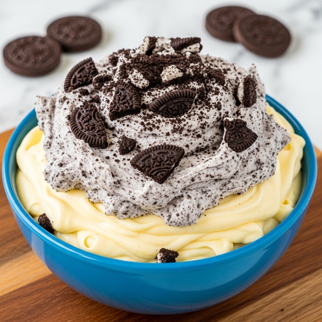 A blue bowl filled with two thick layers of creamy dessert, with the bottom layer being a smooth pale yellow cream and the top layer a fluffy white cream mixed with crushed dark chocolate cookie pieces scattered across the surface, creating a textured look. The bowl sits on a wooden board and the background shows whole chocolate cookies on a white marbled surface. Photo taken with an iphone --ar 4:5 --v 7