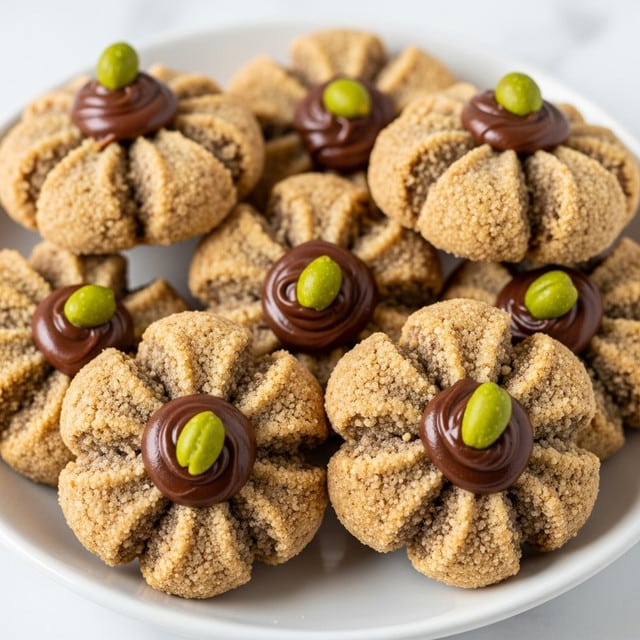 The image shows a close-up of seven small, round cookies arranged closely in a white bowl, all resting on a white marbled surface. Each cookie has a light brown, crumbly base with a swirled pattern on top, creating a flower-like shape with six smooth, thick curves. In the center of each swirl, there's a dollop of smooth, dark chocolate cream. Some of the cookies have small, light green nut pieces sprinkled near the chocolate cream. The overall texture looks soft and crumbly, with the chocolate part adding a glossy contrast. photo taken with an iphone --ar 4:5 --v 7