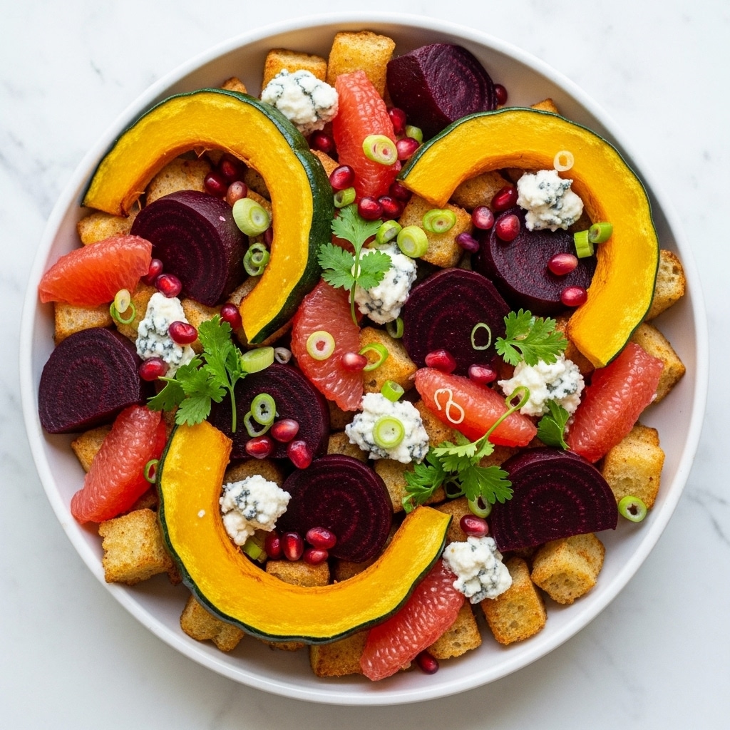 The dish is a colorful salad served in a white bowl on a white marbled surface, featuring about four main layers. The bottom layer is made of cubed golden-brown toasted bread pieces, crispy and airy. On top of this are thick chunks of deep purple beetroot and slices of bright yellow roasted squash with green edges, arranged evenly around the bowl. Scattered among these are pink grapefruit segments, adding a juicy and fresh look, alongside small dollops of white and blue marbled cheese crumbles. Bright green herbs and sliced green onions are sprinkled throughout, with a few shiny red pomegranate seeds dotted across for contrast. The textures range from crispy and soft to juicy and creamy, all mixed together beautifully. photo taken with an iphone --ar 4:5 --v 7