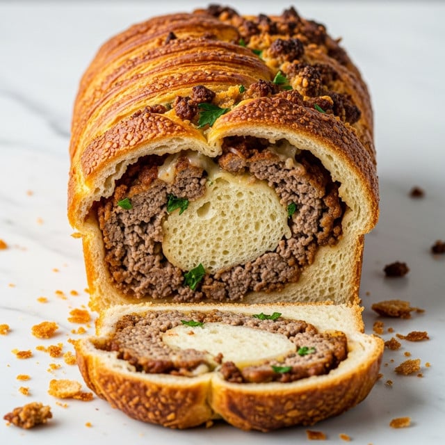 The image shows a loaf of stuffed bread cut open on a white marbled surface. The outside crust is golden brown with a crispy, flaky texture showing multiple thin layers. Inside, there are two main parts: the bread which is light and soft with a pale cream color, and the filling which is chunky with a mix of browned ground meat, melted cheese, and small bits of green herbs scattered throughout. The filling looks moist and savory, filling the loaf from top to bottom. Crumbs and bits of filling are scattered around the loaf, enhancing the rustic, freshly baked look. Photo taken with an iphone --ar 4:5 --v 7