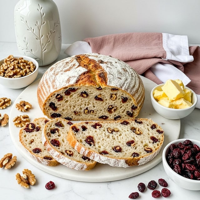 A round loaf of rustic bread with a golden-brown crust dusted with white flour sits on a round white marble board. The bread is cut in half, showing a soft, light beige inside filled with scattered dark red dried cranberries and light brown chopped walnuts. Three slices lie flat in front of the loaf, displaying their uneven shape and textured crumb with bits of cranberries and nuts. Around the bread, there is a small white bowl of chunky yellow butter on the right and bowls of walnuts and dried cranberries on the left and bottom right. A pale ceramic vase with delicate twig patterns and a folded dusty pink cloth with white edges are in the background, all placed on a white marbled surface. Photo taken with an iphone --ar 4:5 --v 7