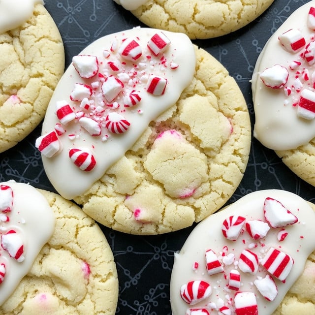 The image shows a close-up of soft cookies with a cracked top texture, each partially covered with a smooth white icing on one side. On the icing, there are broken pieces of red and white peppermint candy scattered unevenly. The cookies sit close to each other on a dark patterned surface that contrasts with the cookies’ pale yellow color. Photo taken with an iphone --ar 4:5 --v 7