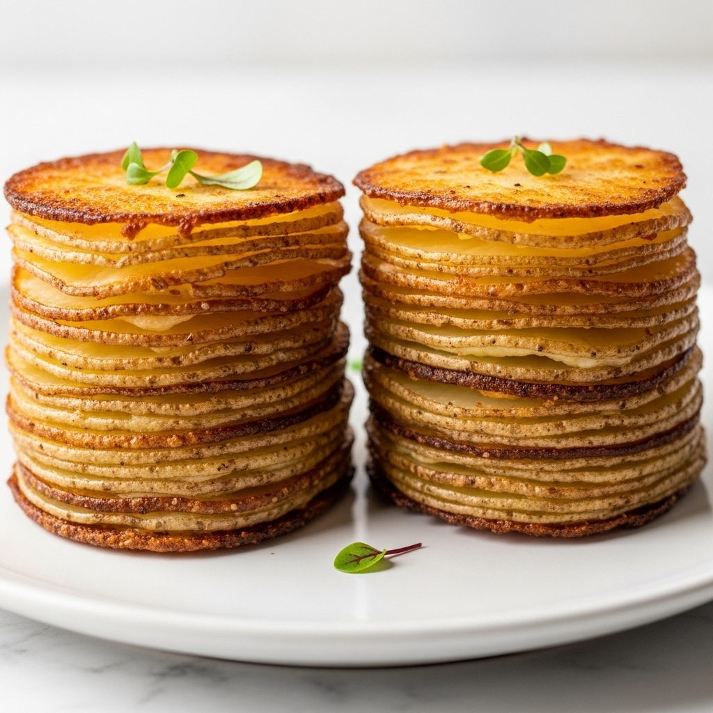 The image shows two stacks of thinly sliced roasted potato layers that are golden brown and crispy on the outside with some darker, crunchy spots, sitting close together on a white plate with a smooth texture. Each stack has around 15-20 very thin layers, tightly pressed and slightly uneven in shape, showing the crisp edges of each slice. There are tiny green leaves placed on top as a simple garnish. The plate is set on a white marbled surface with soft natural light highlighting the texture and warmth of the potatoes. Photo taken with an iphone --ar 4:5 --v 7