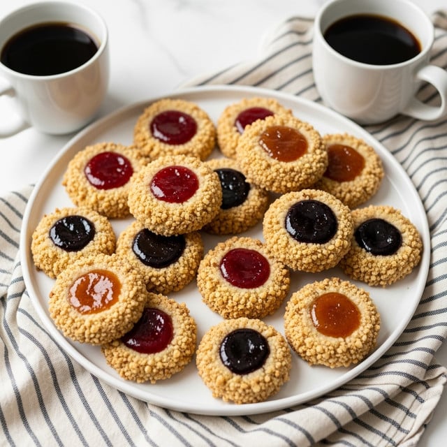 The image shows a white round plate filled with about ten thumbprint cookies, each having a crumbly golden base covered with small chopped nuts around the edges. Each cookie has a smooth, shiny dollop of different colored jam in the center—some red, some dark purple, and some orange. The plate is placed on a soft white marbled surface with a striped cloth nearby. Two cups of black coffee in white ceramic mugs are also visible, positioned on either side of the plate. The scene is bright, with soft shadows that highlight the textures of the cookies and nuts clearly. photo taken with an iphone --ar 4:5 --v 7
