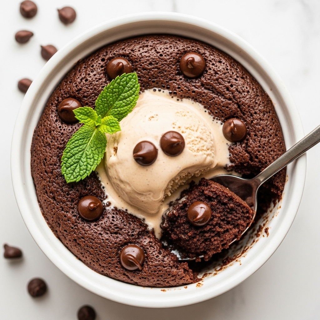 A white ramekin holds a rich, dark chocolate cake that looks moist and dense with a slightly bubbly texture on the surface. On top of the cake, there are several glossy, dark chocolate chips scattered around. A scoop of creamy pale beige ice cream sits in the center, slowly melting and blending with the cake below. A fresh green mint leaf is placed on the side of the ice cream for a pop of color. A silver spoon is digging into the cake, lifting a warm piece with two chocolate chips on it. The ramekin is placed on a white marbled surface with a few chocolate chips scattered around for decoration. Photo taken with an iphone --ar 4:5 --v 7