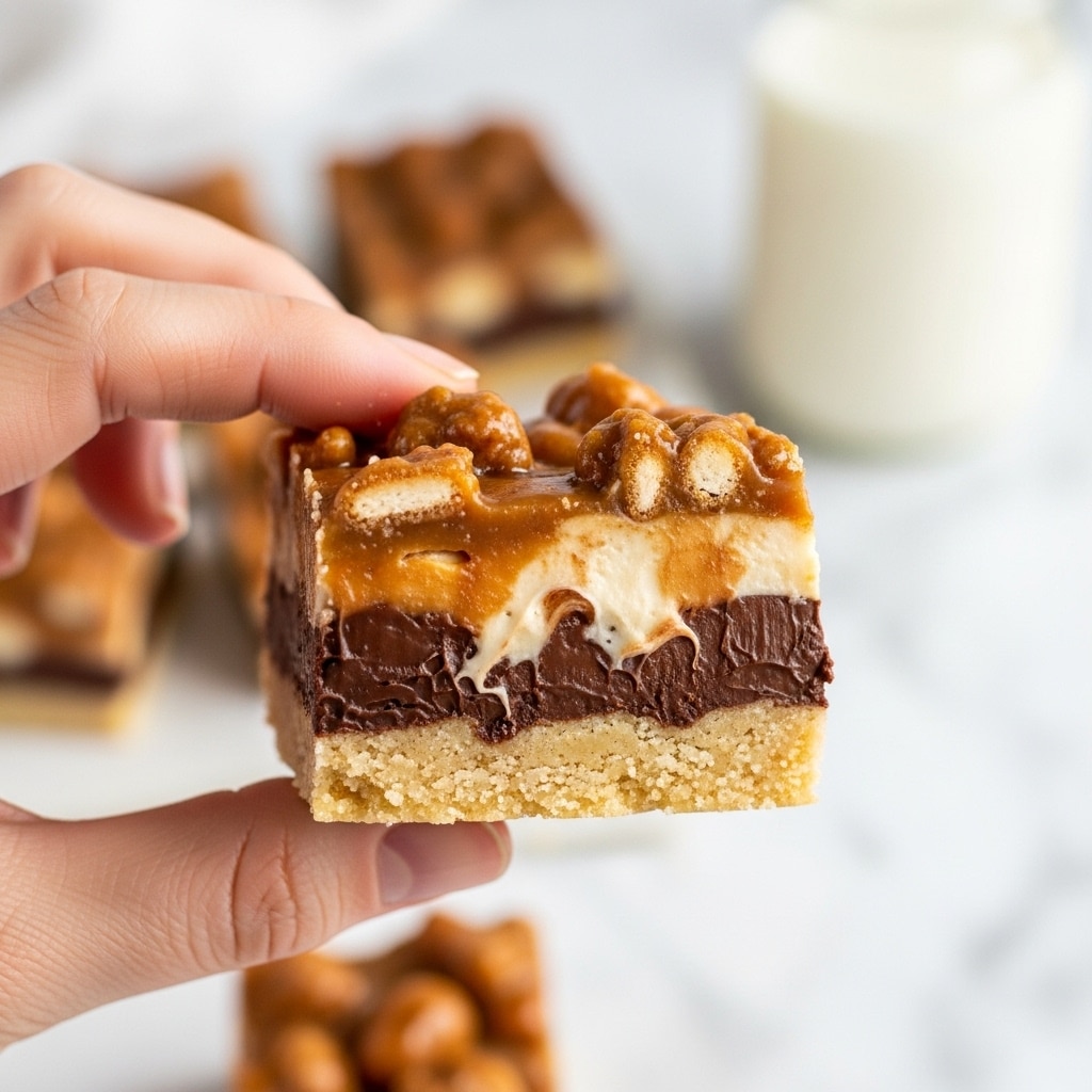 A close-up of a woman's hand holding a square dessert bar with four visible layers: the bottom layer is a light golden crumbly crust, the second layer is a thick, smooth dark chocolate filling, the third layer has a creamy, melted mix with lighter and darker patches, and the top layer is a mix of small, gooey, caramel-colored pieces with a slightly shiny texture. The background shows out-of-focus dessert bars and a glass jar of milk on a white marbled surface. photo taken with an iphone --ar 4:5 --v 7
