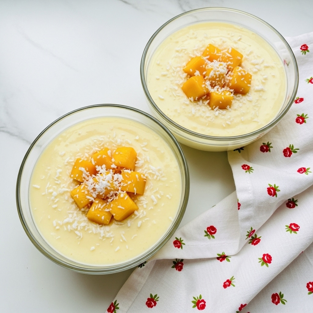 Two clear glass bowls are filled with a smooth, creamy light yellow pudding. Each bowl has a topping of small, bright orange mango chunks placed neatly in the center, sprinkled with white shredded coconut. The bowls rest on a white marbled surface, with a white cloth featuring tiny red rose patterns slightly crumpled next to them. The scene is bright and clean. photo taken with an iphone --ar 4:5 --v 7