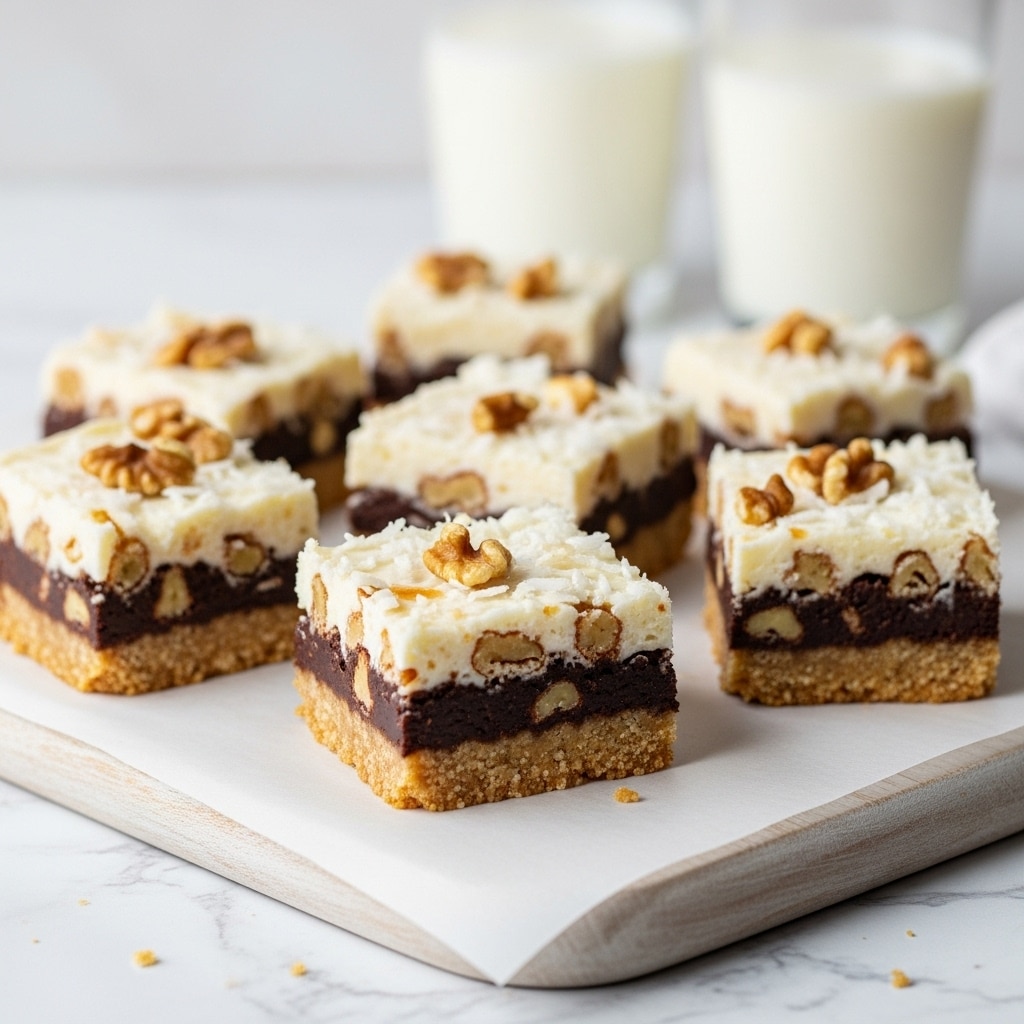 The image shows eight square dessert bars on a sheet of parchment paper over a light wooden board, placed on a white marbled surface. Each bar has three visible layers: the bottom layer is crumbly and golden brown, the middle layer is made of dark brown chocolate chunks, and the top layer is creamy white with bits of shredded coconut and walnuts scattered throughout. Two glasses of milk appear blurred in the background, adding to the cozy scene. photo taken with an iphone --ar 4:5 --v 7