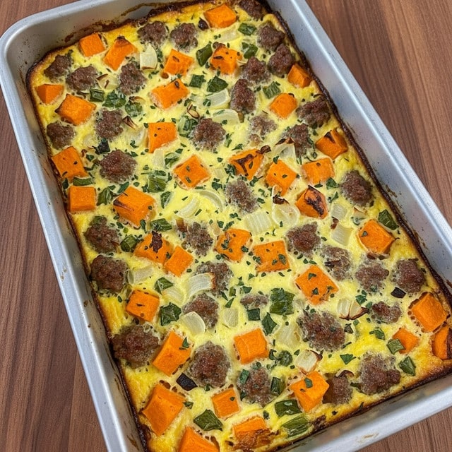 This image shows a rectangular baked casserole in a silver metal pan, filled with chunks of orange sweet potato, browned pieces of ground sausage, and a creamy yellow egg mixture. The top is golden brown and slightly crispy, dotted with green herbs and bits of cooked onion. The casserole looks thick with visible layers of soft egg custard, browned meat, tender sweet potato cubes, and small green vegetable pieces, all evenly spread throughout the dish. The pan is placed on a warm brown wooden surface, adding a rustic touch to the visual. photo taken with an iphone --ar 4:5 --v 7
