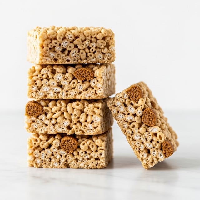 The image shows five crispy cereal treat squares stacked vertically on a white marbled surface, with four squares stacked in the back and one square leaning against the stack in the front. Each square has a light golden brown color with visible puffed rice cereal and some darker crumbly pieces scattered on the surface. The texture looks soft but slightly sticky, with the cereal pieces clearly defined. The background is bright white, making the squares stand out clearly. photo taken with an iphone --ar 4:5 --v 7