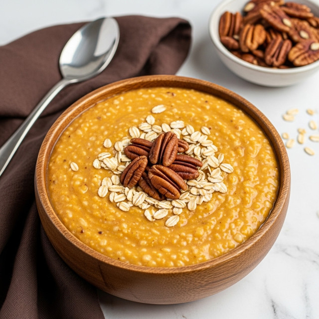 A wooden bowl holds a thick, creamy orange dish with a smooth texture mixed with visible soft grains, likely rice or oats. On top, there is a small cluster of brown pecan halves and light beige oat flakes scattered as garnish, creating a contrast against the orange base. In the background, there is a smaller bowl filled with pecans. The setting includes a silver spoon resting on a dark brown cloth napkin placed on a white marbled surface. The warm colors and textures highlight the comforting, hearty nature of the dish. photo taken with an iphone --ar 4:5 --v 7