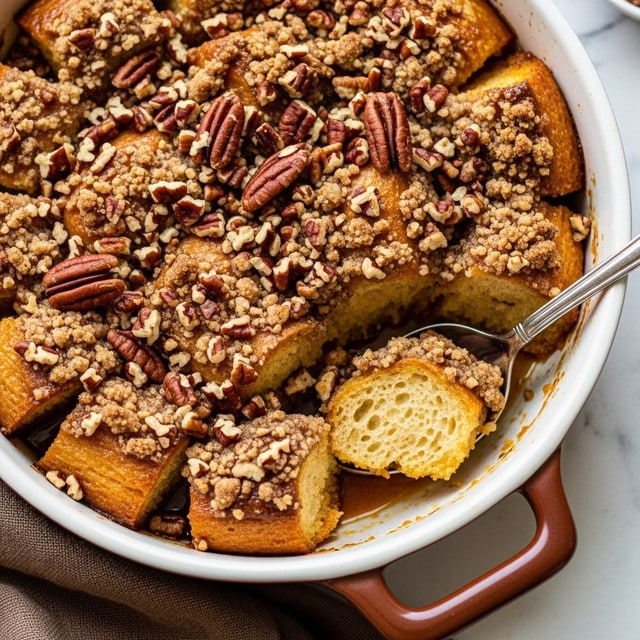 A close-up view of a baked dessert in a white dish with brown edges and handles, showing multiple broken chunks of golden brown bread soaked in a syrupy sauce. On top, there is a crumbly layer of light brown streusel mixed with chopped pecans, adding texture and a crunch. The pecans are dark brown and scattered evenly across the top. A silver spoon is dipped into the dessert on the right side, slightly lifting a portion, showing soft and moist inside bread pieces. The dish is placed on a white marbled surface with a brown cloth nearby. photo taken with an iphone --ar 4:5 --v 7