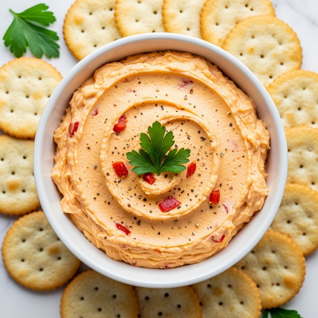A close-up view of creamy, orange cheese spread in a smooth swirl inside a white bowl, dotted with small red pepper pieces and specks of black pepper, garnished with a small green parsley leaf in the center; around the bowl are several plain round crackers with a light beige color; the bowl and crackers are set on a white marbled texture surface with some green parsley leaves at the corner. photo taken with an iphone --ar 4:5 --v 7