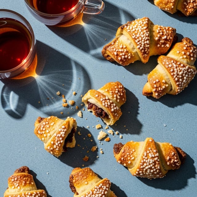 The image shows several small golden-brown crescent-shaped pastries with a flaky texture, scattered on a blue surface. Each pastry is covered with coarse sugar crystals that sparkle in the light. One pastry is broken, revealing a dark filling inside with crumbs around it. In the top left corner, two clear glass cups filled with dark amber tea cast shadows on the surface. The light creates a warm and cozy atmosphere. photo taken with an iphone --ar 4:5 --v 7
