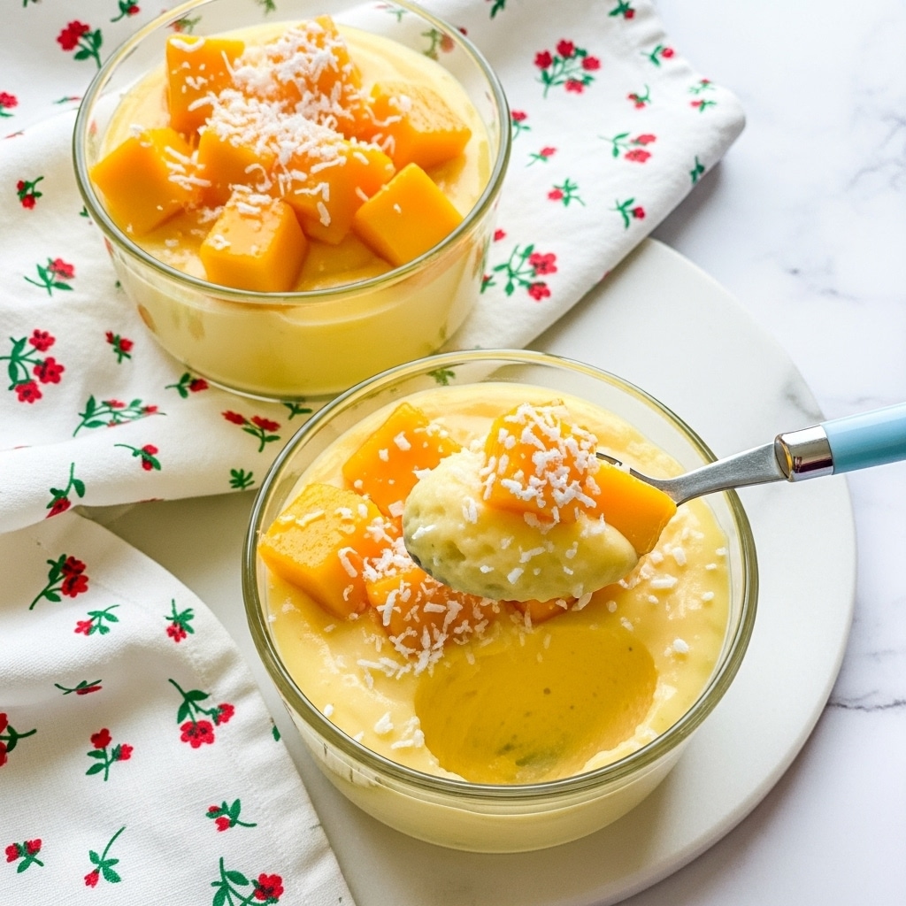 Two small clear glass bowls filled with a smooth, creamy yellow pudding, topped with bright orange mango cubes and sprinkled with white shredded coconut. One bowl is fully visible, with a spoon that has a light blue handle lifting a scoop of the pudding. Both bowls rest on a white marbled surface, partially surrounded by a white cloth with small red and green flower prints. The pudding has a soft, smooth texture, contrasted by the chunky mango pieces and delicate coconut flakes. photo taken with an iphone --ar 4:5 --v 7