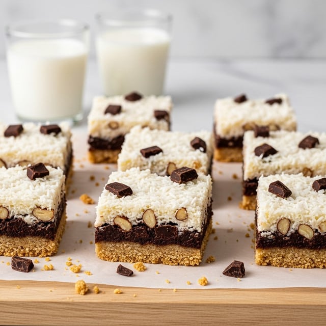 The image shows several square dessert bars arranged on a light wooden board lined with parchment paper. Each bar has three clear layers: a crunchy golden brown crumbly crust at the bottom, a middle layer scattered with chunks of dark chocolate, and a thick, creamy white coconut topping mixed with pieces of nuts, giving it a slightly rough texture. The bars are cut into uniform squares, with some crumbs and small chocolate pieces scattered around them. In the background, two glasses filled with milk sit on a white marbled surface. Photo taken with an iphone --ar 4:5 --v 7