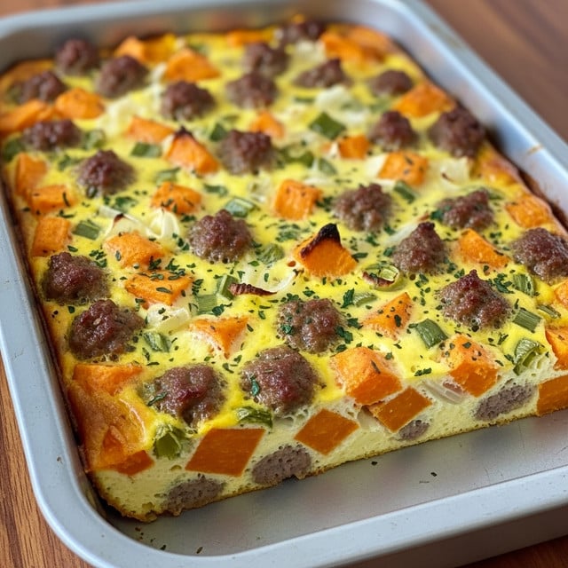 A square piece of baked casserole sits on a white speckled plate, showing clear layers from top to bottom: a golden-brown baked cheese top with slightly browned spots, followed by a creamy egg layer mixed with chunks of orange sweet potatoes and green bell peppers, then a middle layer of browned ground meat, and more mixed vegetables inside. The edges of the casserole are slightly raised and browned. A fork lies in front of the plate on a white marbled surface, capturing a home-cooked, hearty feel. In the background, a blurred larger piece of the same casserole is visible. Photo taken with an iphone --ar 4:5 --v 7
