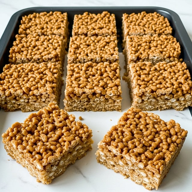 A dark rectangular baking pan filled with nine golden brown crispy rice cereal bars, with a few bars cut out and placed on a white marbled surface in front of the pan. Each bar shows a textured, sticky top layer made of puffed rice cereal with visible clumps of melted marshmallow or syrup binding them together. The bars have a dense, slightly crumbly look with an even thickness and rough, uneven edges. The scene is simple with no other items around, highlighting the bars' crunchy, homemade texture. photo taken with an iphone --ar 4:5 --v 7