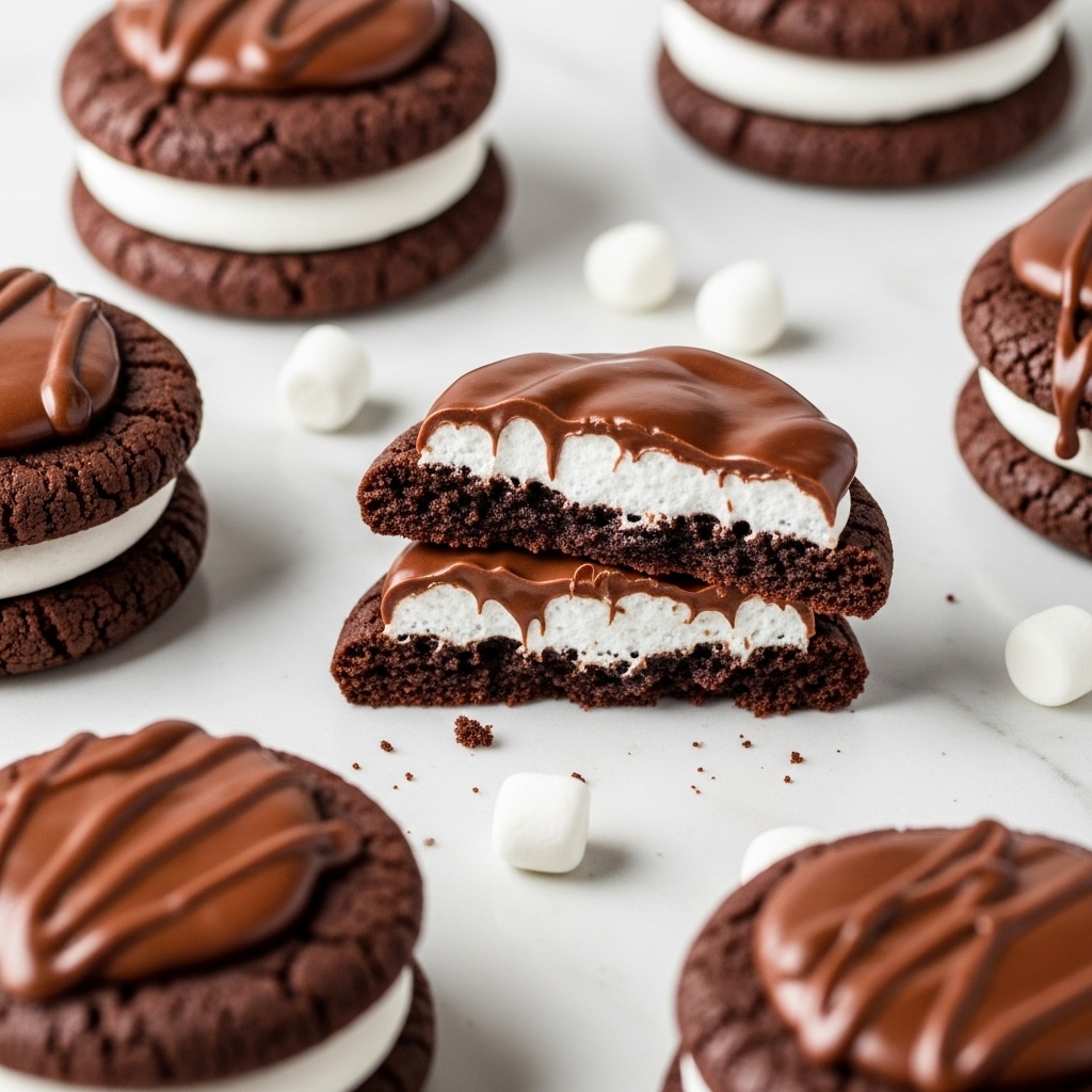 The image shows several chocolate cookies on a white marbled surface, each cookie has three layers: a dark brown, cracked baked cookie base with a rough texture, a thick layer of white marshmallow sitting on top of the cookie, and a shiny, smooth layer of melted milk chocolate dripping over the marshmallow. One cookie near the center is broken in half, revealing the soft marshmallow and cookie inside. Scattered mini white marshmallows are also visible nearby. Photo taken with an iphone --ar 4:5 --v 7