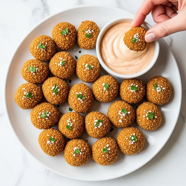 A white round plate holds about seventeen small, golden-brown croquettes arranged in a loose cluster. Each croquette has a crunchy, textured outer layer sprinkled with coarse salt and small green herb pieces. On the top right of the plate, there is a small white bowl filled with a creamy, light pink dipping sauce with a smooth surface. A woman's hand is dipping one croquette into the sauce, showing fingers holding the croquette near the edge of the bowl. The background is a white marbled texture. photo taken with an iphone --ar 4:5 --v 7