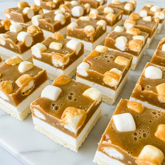 The image shows many square pieces of a fudge-like dessert neatly arranged on a white marbled surface. Each piece has two visible layers: the bottom layer is white and smooth, likely made of marshmallows, while the top layer is a golden brown, slightly glossy caramel or butterscotch layer with chunks of white and yellowish marshmallows mixed in. The texture of the top layer appears soft and gooey with some bubbles and slight variations in color. Photo taken with an iphone --ar 4:5 --v 7