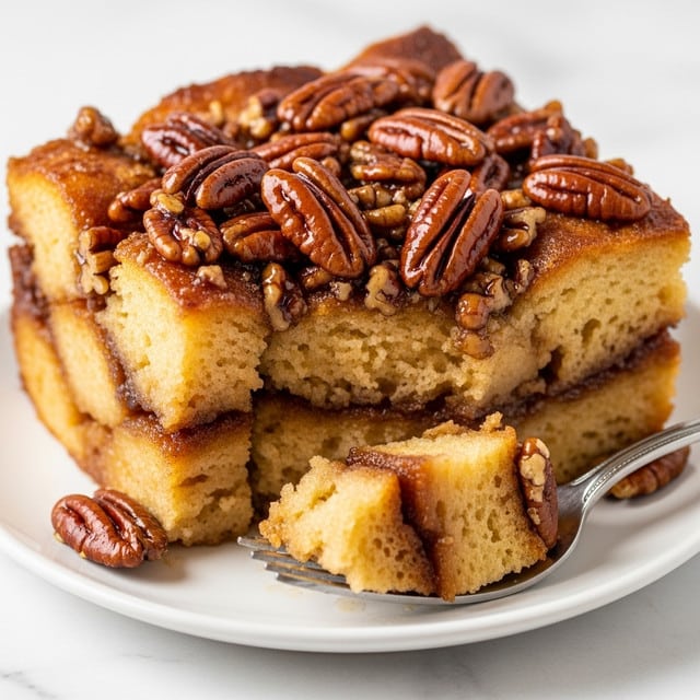 A close-up of a serving of bread pudding topped with glossy pecans and sticky syrup. The dish has multiple layers of soft, golden-brown bread chunks soaked in sauce, giving a mix of light and darker brown colors with a moist texture. The pecans sit scattered on top, shiny and slightly cracked, adding a textured contrast. A silver fork holds a piece of bread pudding, showing its dense, rich inside. All is placed on a simple white plate on a white marbled surface. photo taken with an iphone --ar 4:5 --v 7