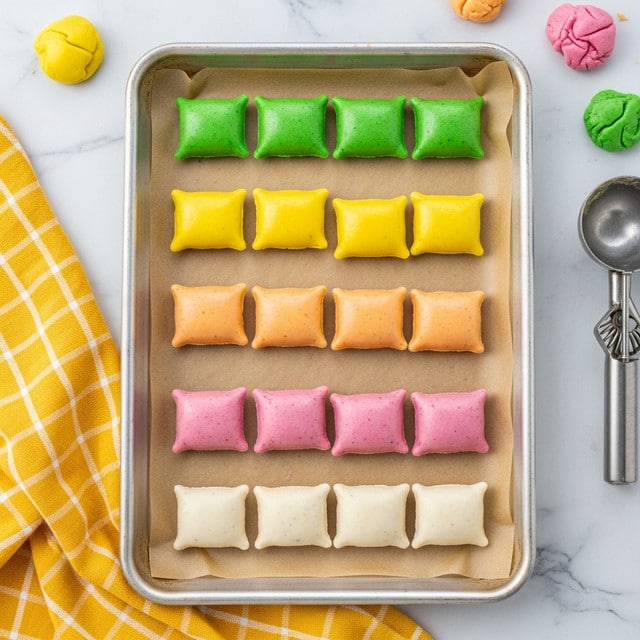 A rectangular baking sheet lined with light brown parchment paper holds five neat rows of small, pillow-shaped treats, each row a different color: bright green on top, followed by yellow, then light orange, pink, and finally white at the bottom. The treats have a smooth, glossy texture and are arranged evenly in straight lines from left to right. The baking sheet is placed on a surface with a soft white marbled texture, and a yellow checkered cloth is partially visible on the lower left corner. Bits of colored dough and a metal scoop are scattered around the upper right edge. Photo taken with an iphone --ar 4:5 --v 7