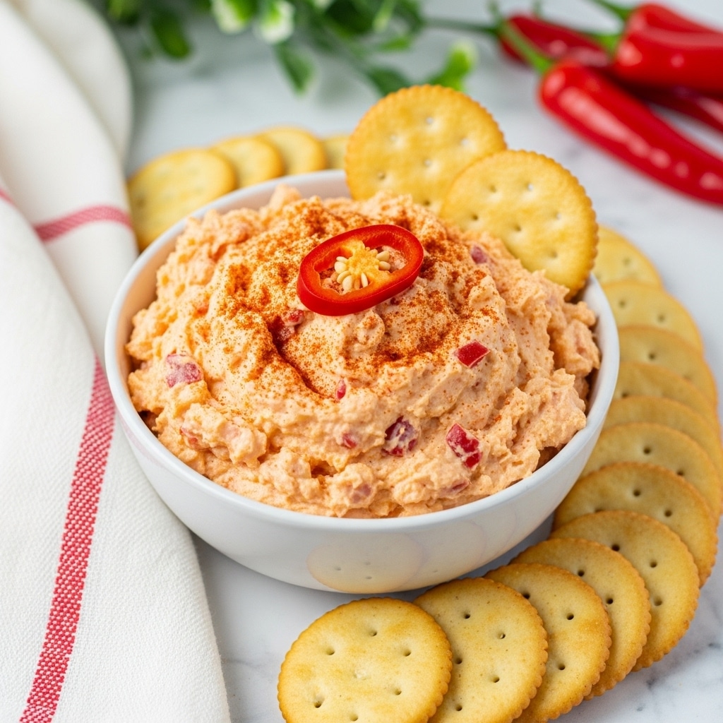 A white bowl filled with a creamy, orange-colored cheese spread mixed with small pieces of red pepper, topped with a slice of red chili pepper and a light dusting of paprika. The cheese spread has a smooth, slightly chunky texture with visible bits of red within it. Surrounding the bowl, there are round, light golden crackers neatly placed on a white marbled surface next to a folded white cloth with red stripes. Some greenery and whole red chili peppers are blurred in the background. Photo taken with an iphone --ar 4:5 --v 7