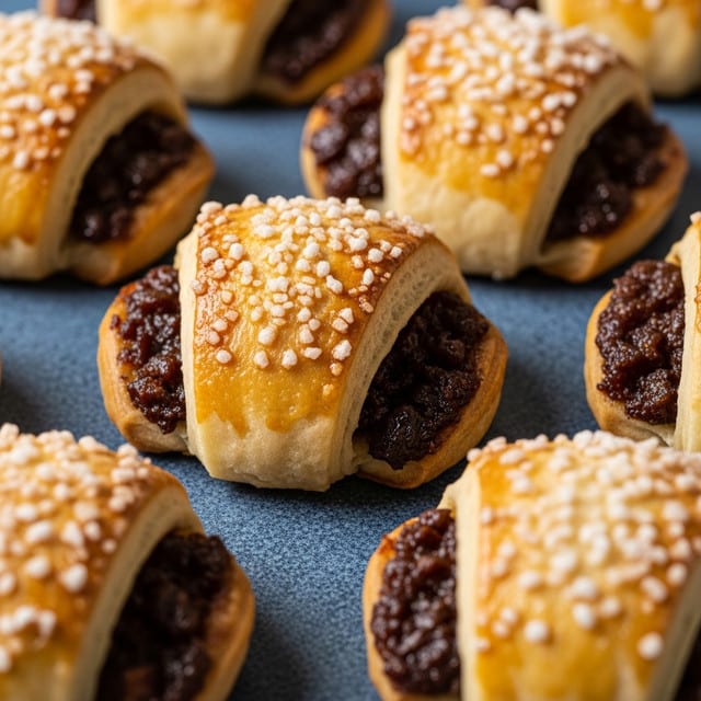 Several small crescent-shaped pastries are arranged closely on a blue textured surface. Each pastry has three visible layers: the outer baked dough is light golden brown with a slightly flaky and soft texture, topped with coarse sugar crystals that add a sparkling effect. Inside, dark brown filling peeks out from the sides, hinting at a rich, sticky fruit or nut mixture. The pastries show a slight shine from a possible egg wash, making them look freshly baked and inviting. Photo taken with an iphone --ar 4:5 --v 7
