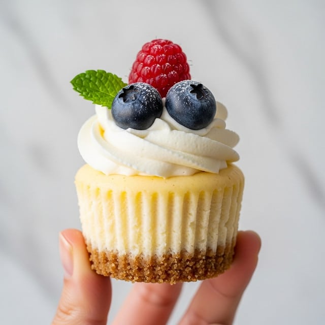 A close-up of a small cheesecake cupcake held between thumb and fingers of a woman's hand, showing three main layers: a golden brown crumbly base at the bottom, a creamy pale yellow cheesecake middle with textured ridges from the cupcake liner, and a fluffy swirl of white whipped cream on top. The whipped cream is decorated with a single red raspberry, two dark blue blueberries dusted lightly with powdered sugar, and a small green mint leaf behind the berries. The background is a soft blur with a white marbled texture. photo taken with an iphone --ar 4:5 --v 7