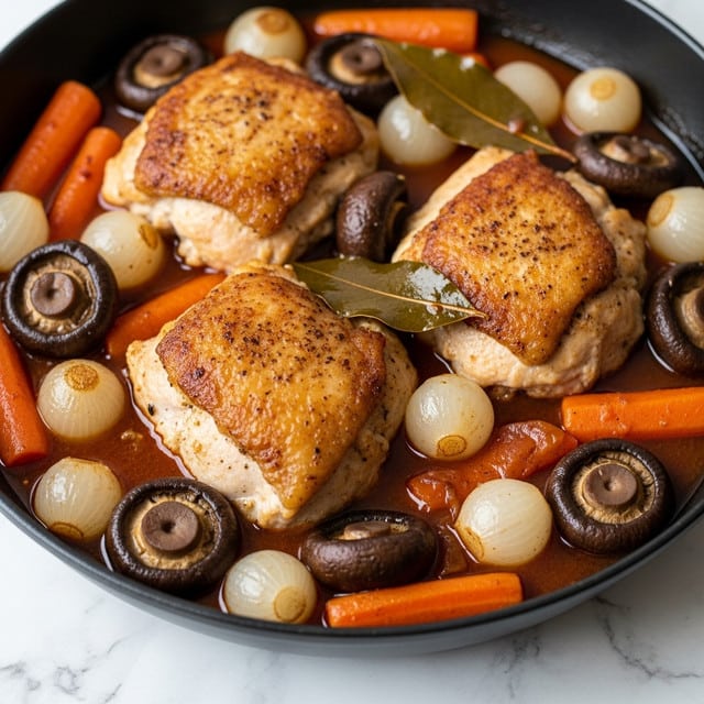 The image shows a close-up of a rich, hearty dish featuring three thick pieces of browned chicken in the center, each with a golden, slightly crispy skin texture. Surrounding the chicken are several layers of glossy, cooked vegetables including small pearl onions that are smooth and shiny white, sliced dark brown mushrooms with a soft texture, and chunks of orange carrots with a tender appearance. The dish is enveloped in a thick, reddish-brown sauce that looks rich and flavorful, with a visible bay leaf adding a touch of green contrast. The food is presented inside a black pan, all placed on a white marbled textured surface. photo taken with an iphone --ar 4:5 --v 7
