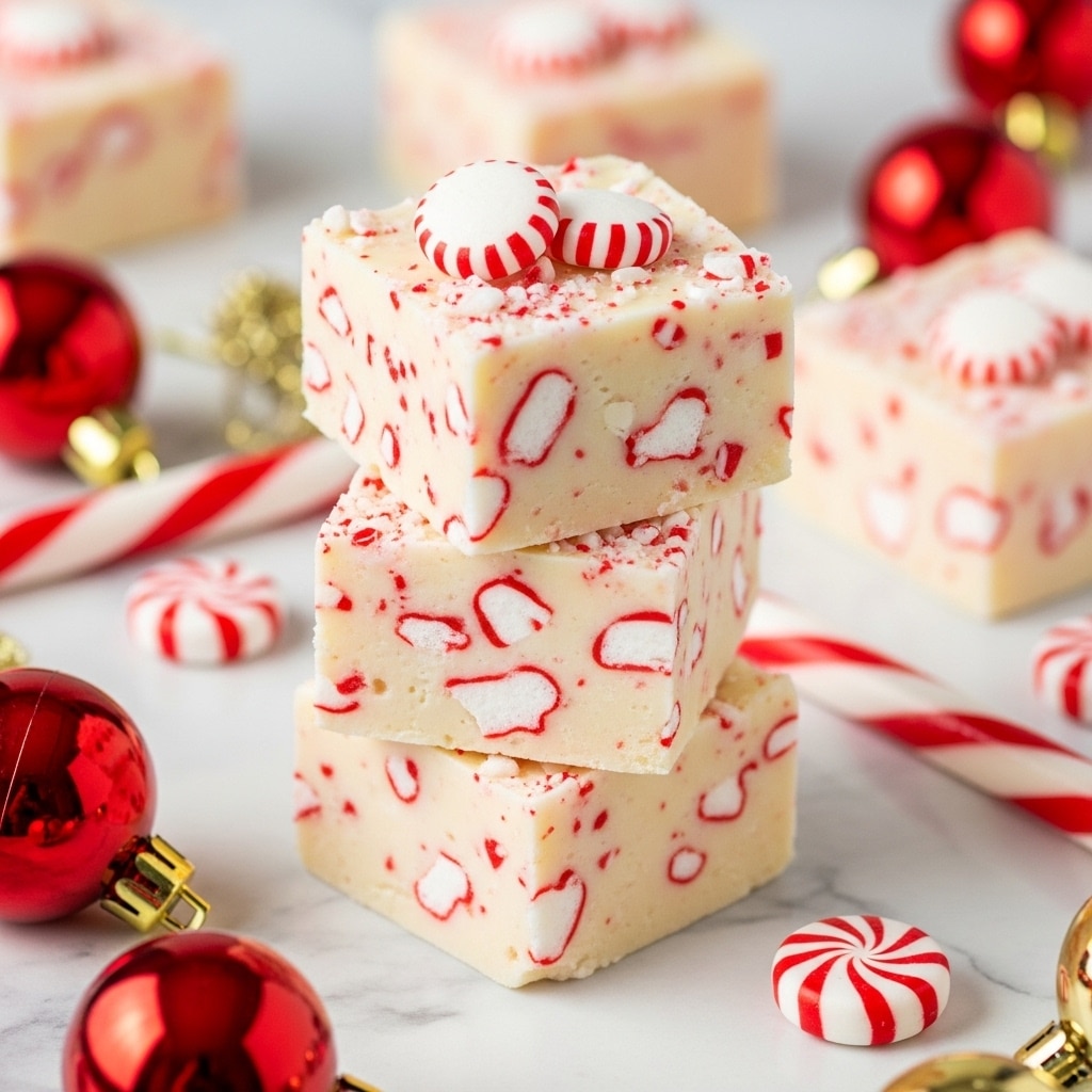 The image shows a stack of three square pieces of white fudge infused with small red and white bits, likely crushed peppermint candy, giving it a textured and speckled look. The top piece is decorated with two small whole peppermint candies. The fudge layers are thick and creamy, with visible chunks distributed evenly throughout. The stack is placed on a white marbled surface, surrounded by shiny red and gold Christmas ornaments and peppermint sticks, creating a festive atmosphere. Photo taken with an iphone --ar 4:5 --v 7