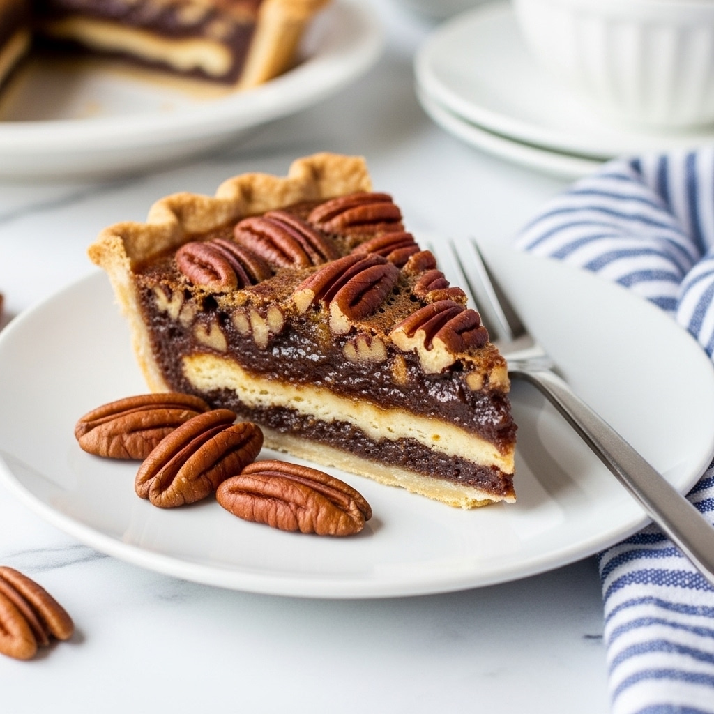 A slice of pecan pie with two main layers sits on a white plate: the bottom layer is dark brown and dense with a rich, almost moist texture, while the top layer is lighter brown with a glossy, swirled pattern and visible pecan pieces mixed in. The crust is golden and flaky, crimped along the edge and wrapping around the bottom of the slice. Next to the pie slice are three whole pecans with a smooth, slightly shiny brown surface. A silver fork rests on the plate, close to the pie, and the plate is placed on a white marbled texture surface. Photo taken with an iphone --ar 4:5 --v 7