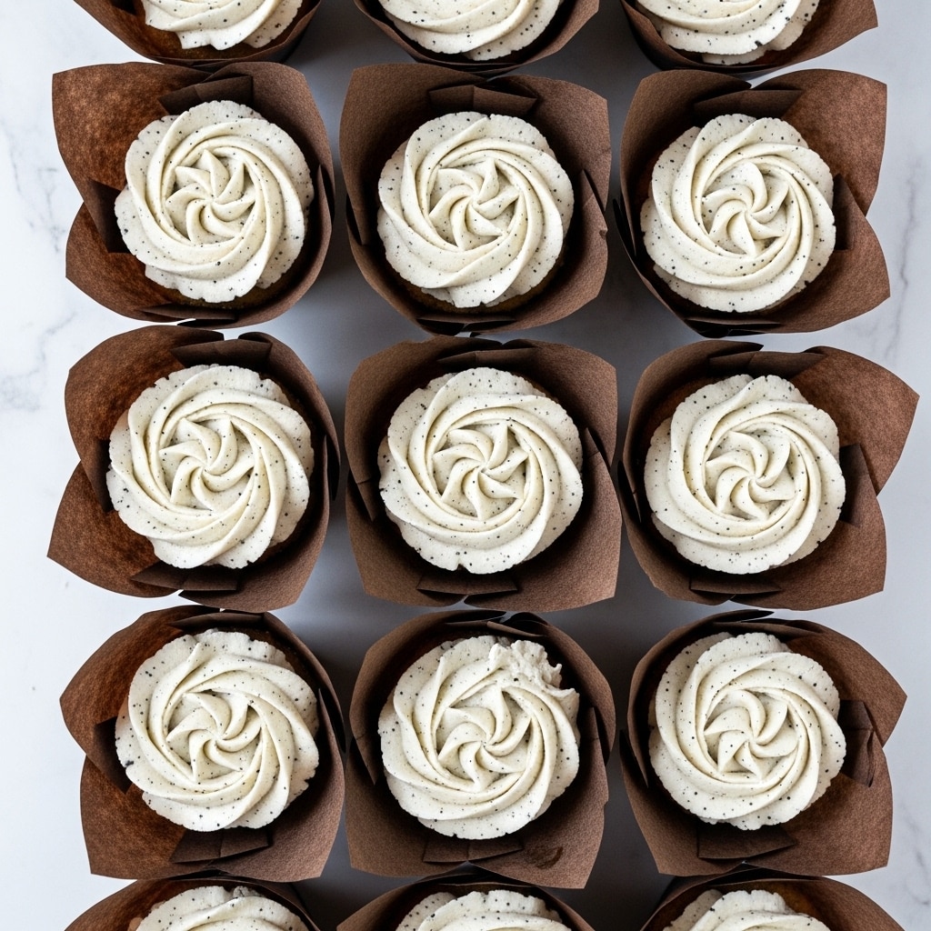The image shows a top view of twelve cupcakes arranged in a grid. Each cupcake has one layer of white frosting swirled in a rose shape, speckled with tiny black dots that give a textured look. The cupcakes are wrapped in dark brown parchment paper liners that open up around the sides. The background is a white marbled texture, highlighting the dark and light contrast of the cupcakes. photo taken with an iphone --ar 4:5 --v 7