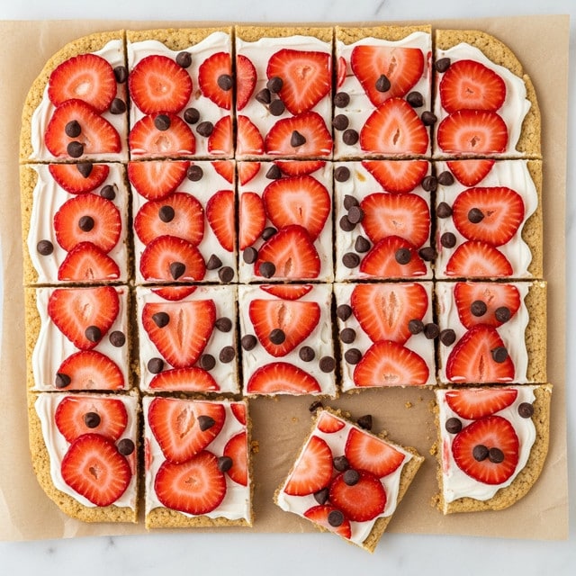 This image shows a rectangular snack cut into many small square pieces and placed on brown parchment paper over a white marbled surface. The base layer is a white creamy spread, smooth in texture. On top, there are many thin, bright red slices of fresh strawberries arranged evenly on each piece. Scattered across the whole snack are small, dark brown chocolate chips, adding texture and contrast. The pieces are cut cleanly but one piece is mostly missing from the center. Photo taken with an iphone --ar 4:5 --v 7